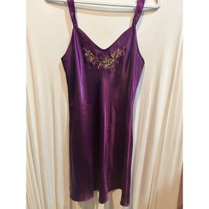 Morgan Taylor Intimates Purple Satin Gold Embroidered Slip Dress Lingerie Medium
